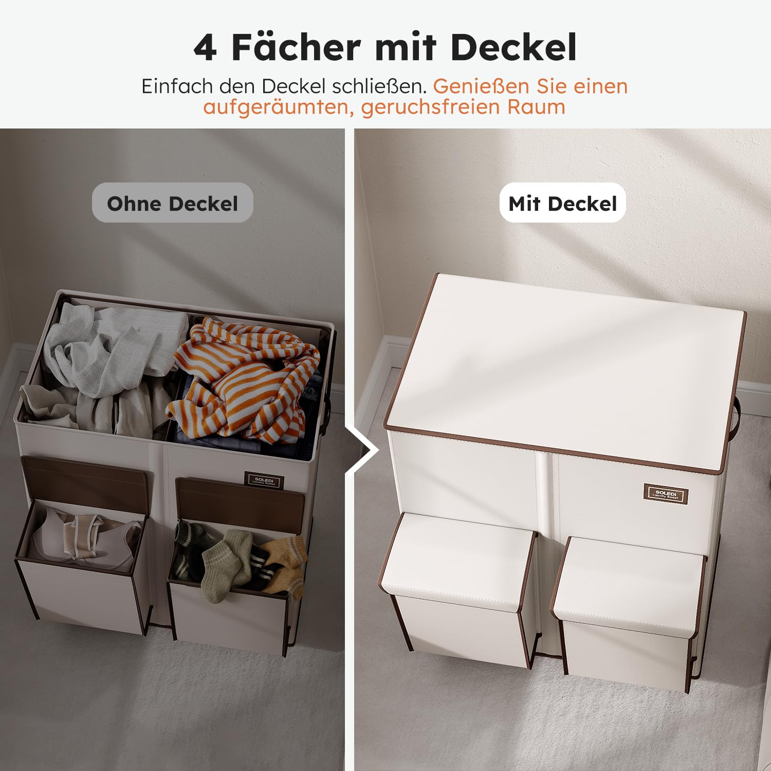 SOLEDI 180L Wäschekorb mit Deckel, Wäschesammler 2 Fächer mit 2 Seitentaschen, Laundr Baskets mit 2 Wäschesack, Wäschesortierer Groß XXXL für Badezimmer, Schlafzimmer, Waschküche 5