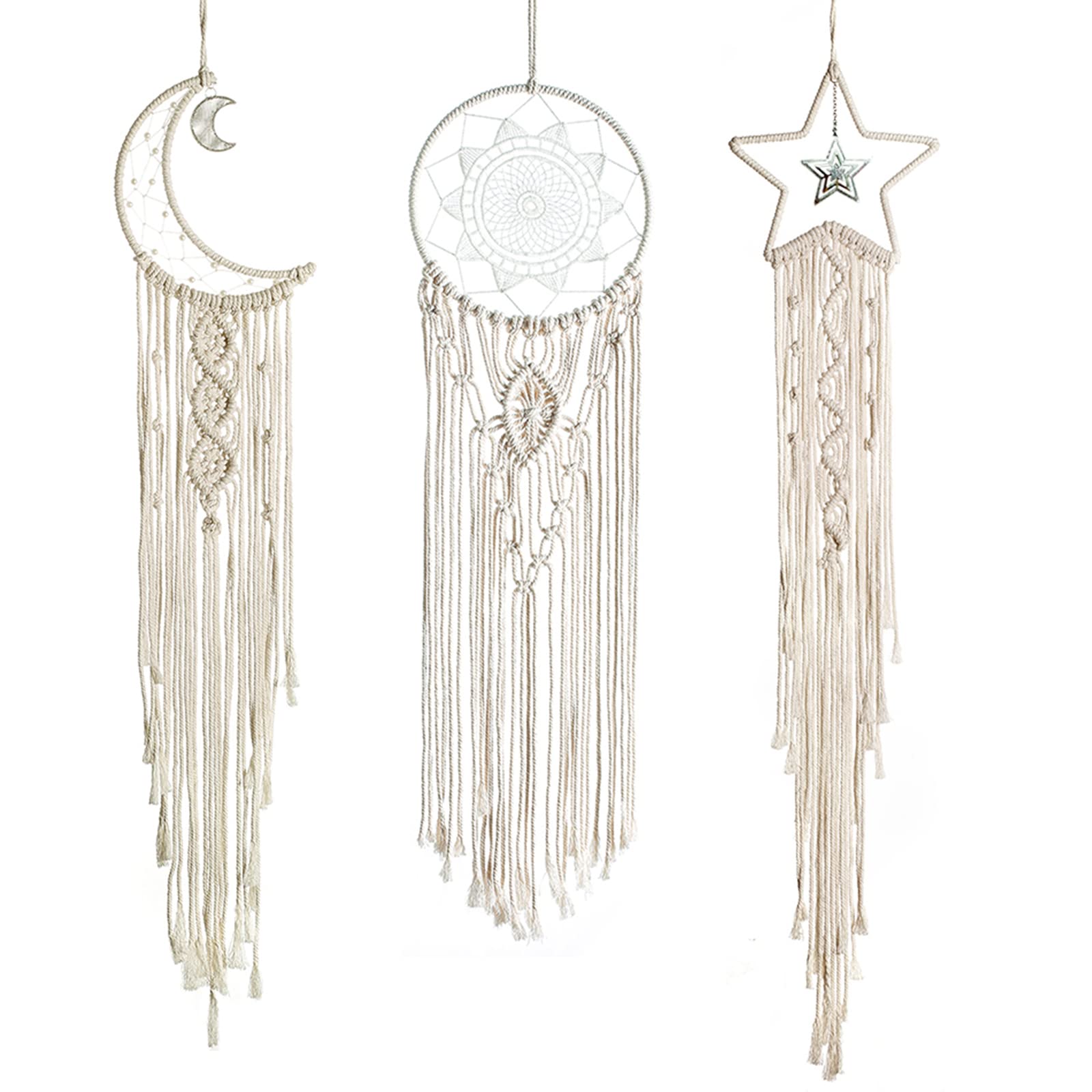 DUGYIRS 3 Pieces Dream Catchers Sun Moon Star Macrame Wall Decoration Boho Woven Tapestry Bohemian Chic Wall Art Decor for Girls Bedroom Apartment Decoration Ornament Craft Gift