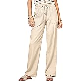 CHEERYAH Women Linen Pants Wide Leg Palazzo Pants Cotton Linen Drawstring Summer Pants with Pockets 31" Khaki