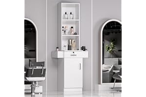 TOVRON White Barber Salon Work Station for Hair Stylist Home Beauty Salon Equipment Barber Supplies Organizer Cabinet 70 Inch Barbershop Furniture