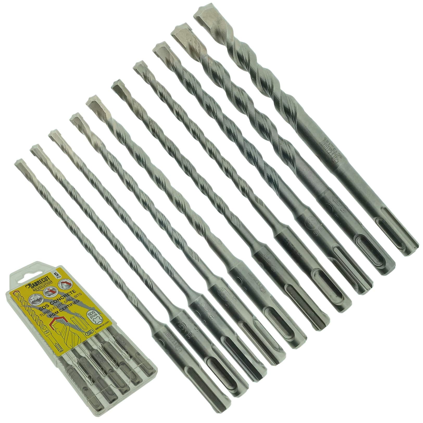 10 x SabreCut SDSAK3 5mm 5.5mm 6mm 6.5mm 7mm 8mm 10mm 12mm x 160mm PGM Approved SDS Plus Drill Bit Mix Kit For Stone Concrete Brick