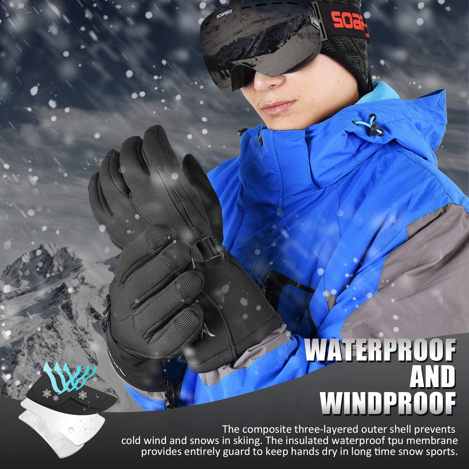 MCTi Waterproof Mens Ski Gloves Winter Warm 3M Thinsulate Snowboard Snowmobile Cold Weather Gloves : Clothing