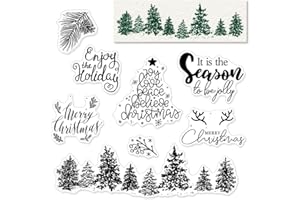 THREETOLS Merry Christmas Clear Silicone Stamps Decorative Xmas Theme Forest Christmas Tree Clear Rubber Scrapbooking Stamps with Sentiment for Card Making DIY Photo Album