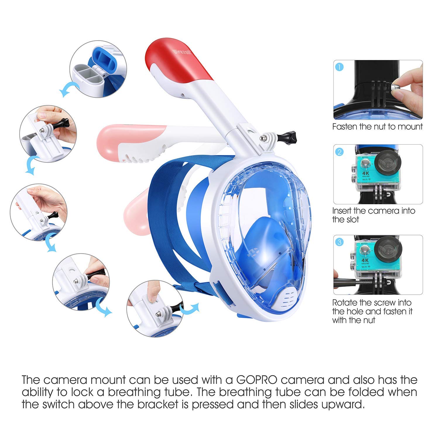 Wirezoll Snorkel Mask, One Size Full Face Diving Mask with GoPro Mount for Adults & Kids - Safe Snorkeling Experience/180° Panoramic View/Easy Breath/Anti-Fog/Anti-Leak