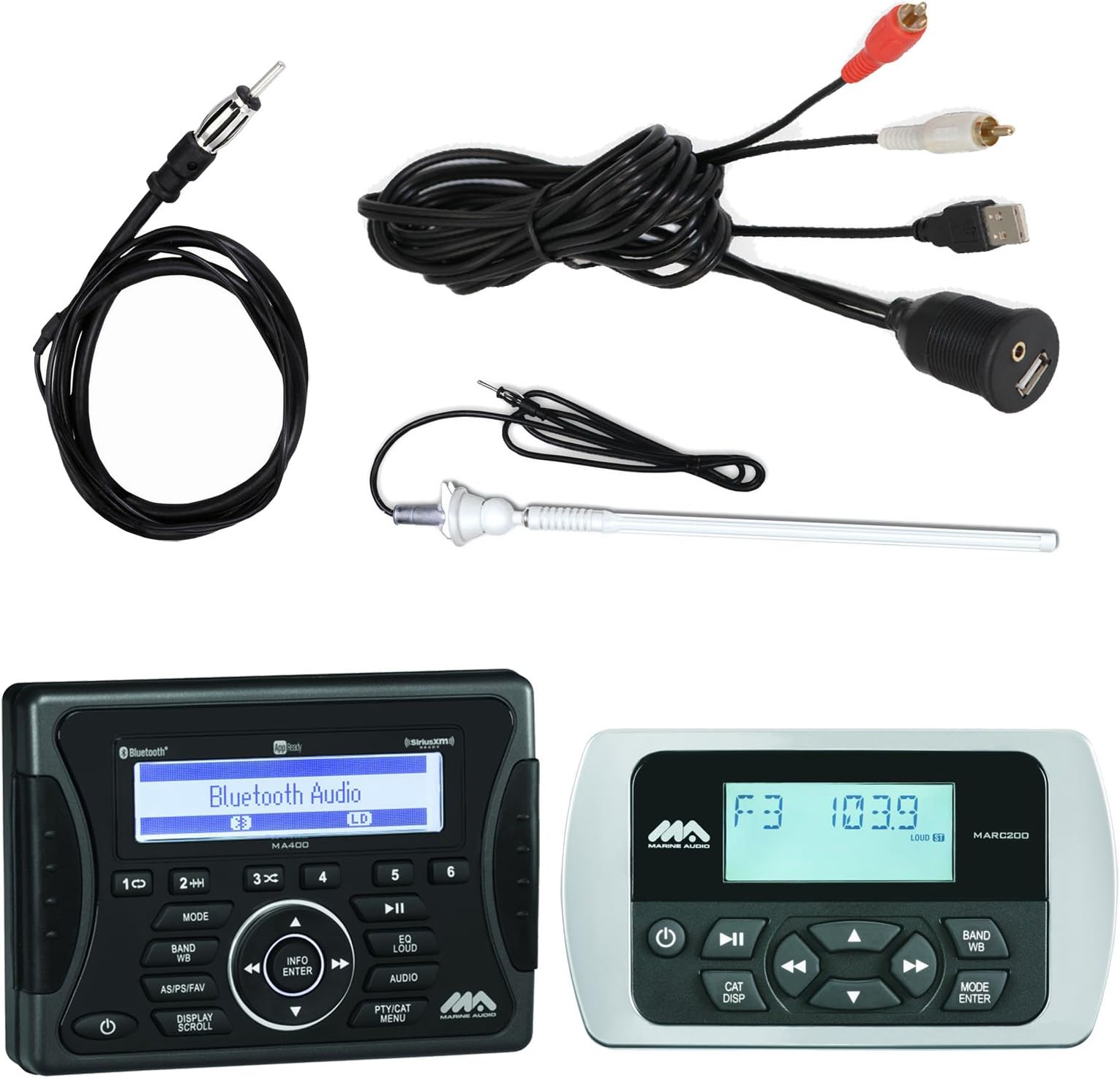 Jensen Marine Audio Bluetooth AUX USB SiriusXM-Ready Receiver, Wired Remote, Enrock 22" Rubber Mast Marine AM/FM Radio Antenna - White, Enrock Boat Yatch Antenna - 40" Long Flexible Wire, USB Mount