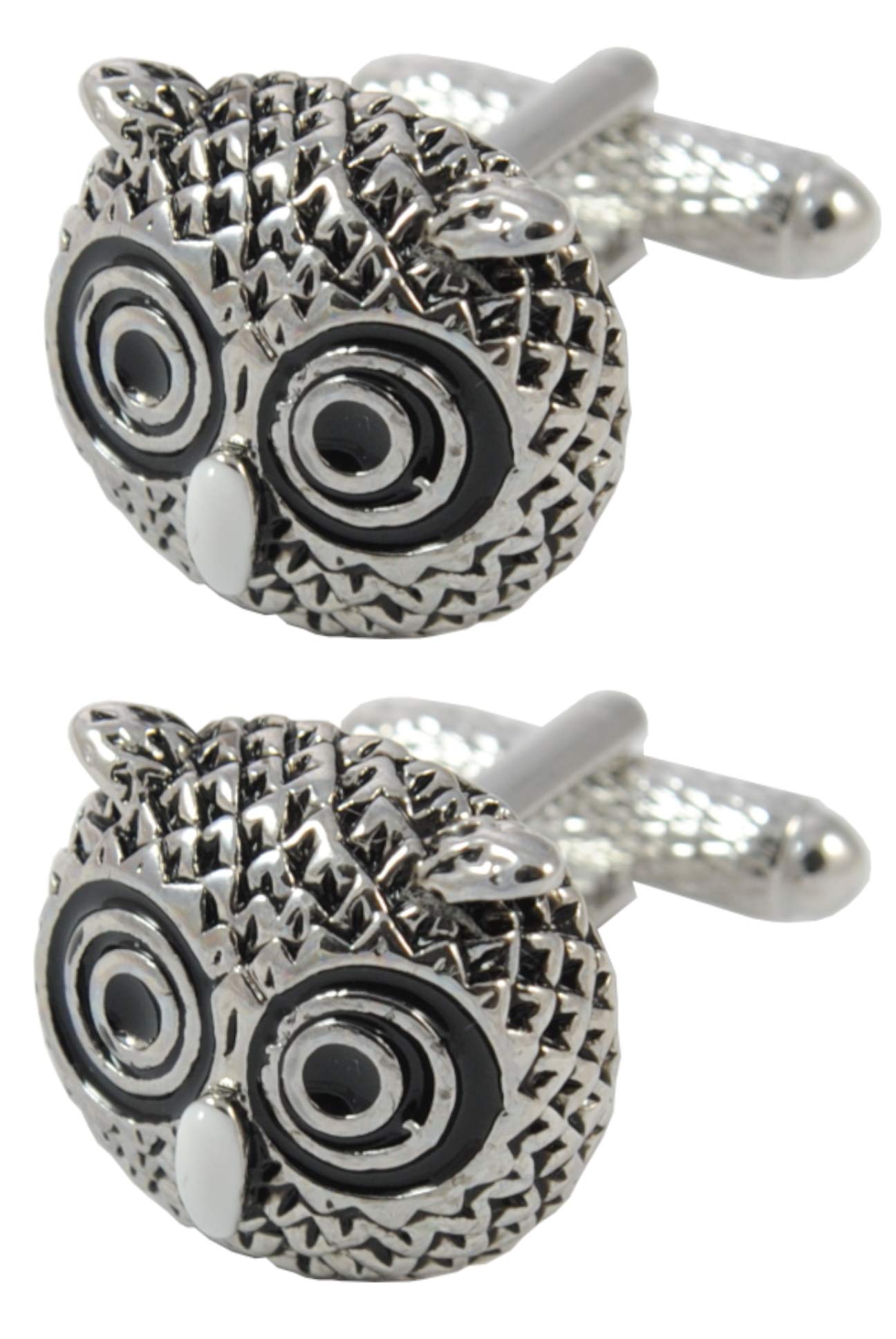 Cufflinks for Men + Presentation Box - Owl - Owl Head - Brass Metal - Animal Bird Wisdom - Silver Black and White Colours - One Pair