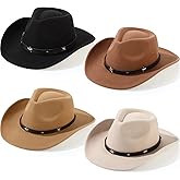 Mumufy 4 Pcs Classic Western Cowboy Hat Men Felt Wide Brim Hats Women Belt Buckle Cap for Adults