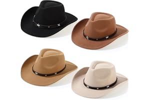 Mumufy 4 Pcs Classic Western Cowboy Hat Men Felt Wide Brim Cowgirl Hats Women Belt Buckle Cap for Adults