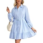 YEXPINE Women Striped Shirt Mini Dress Long Sleeve Button Down Lapel Collared Ruffle Hem Tunic Belted Dresses
