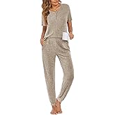 Ekouaer Pajamas for Women Set 2 Piece Rib Knit Lounge Set Joggers Loungewear Short Sleeve Pjs with Pockets