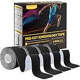 Dimora Kinesiology Tape, 80 Count Precut Strips 4 Rolls, Original Cotton, 10” Elastic Athletic Tape for Muscle Pain Relief and Joint Support, Black