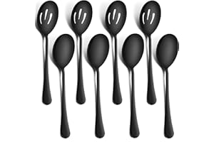LIANYU 8 Pack Large Black Serving Spoons, 9.8 Inch Stainless Steel Slotted Serving Utensils Spoon Set for Banquet Catering Bu