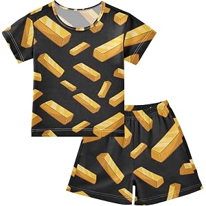 CUPADA Pajama Short Sets Cotton Short Sleeve Set Gold Bars Sleepwear with Pockets PJS Loungewear 5-14T