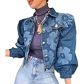 Wuitrie Blue Jean Jackets for Women Floral Button Down Long Sleeve Going Out Womens Denim Jacket Streetwear Fall Coats