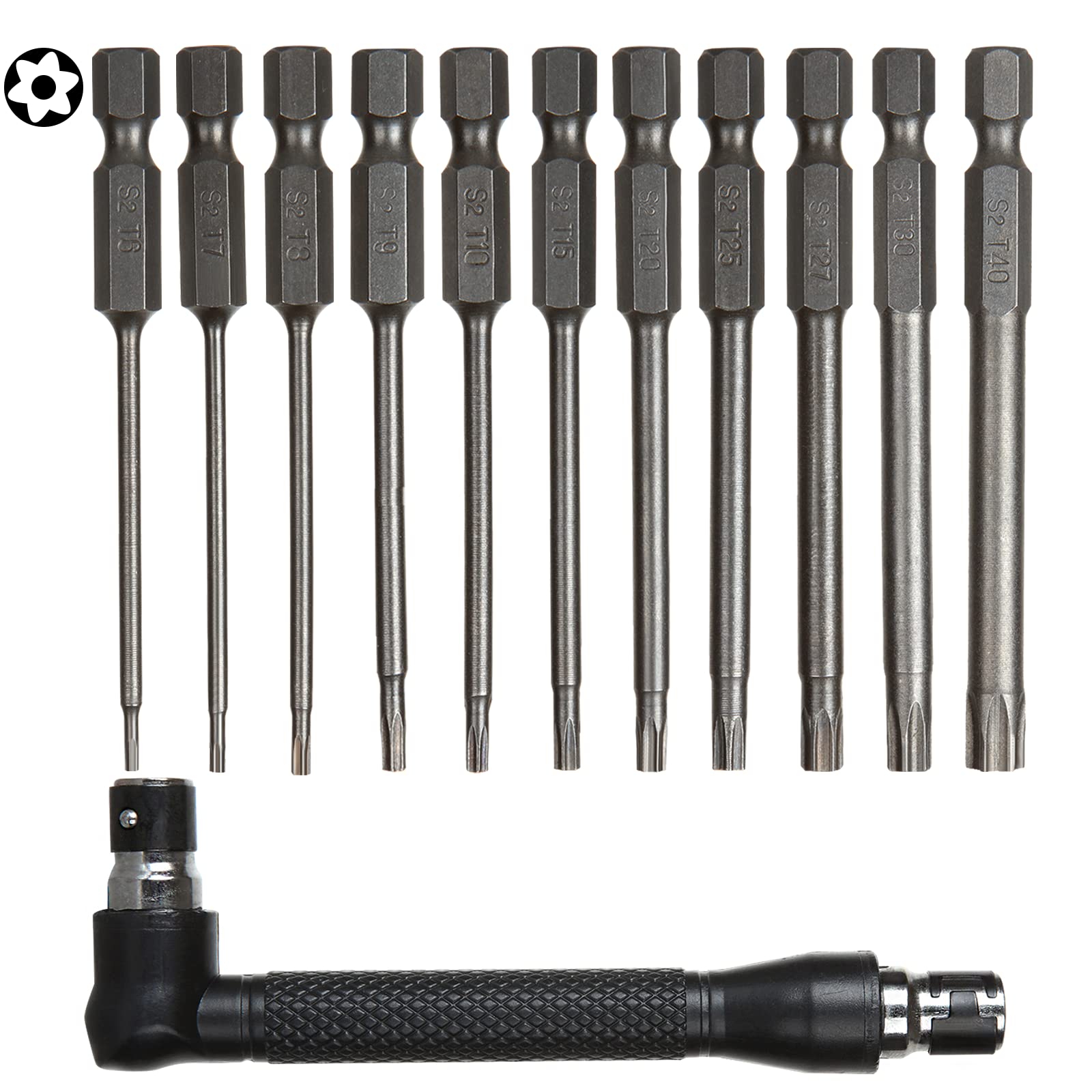 AHUNTTER 11 Pieces T6-T40 Torx Screwdriver Sets 75mm S2 Steel Star Screwdriver Set 1/4 Inch Hex Shank Security Screwdriver with Angle Screwdriver Bit Holder for Screwdrivers