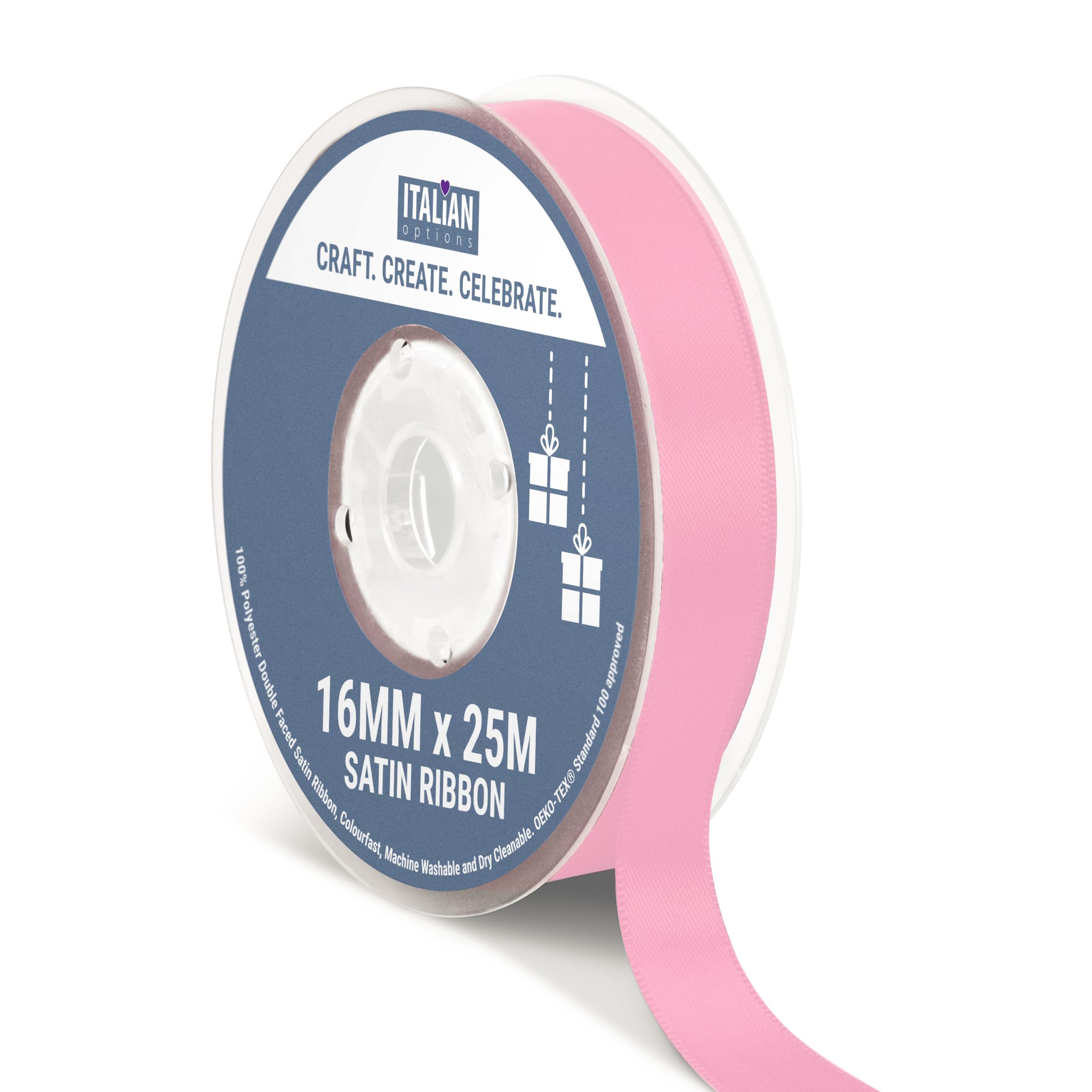 Italian Options Satin Ribbon, Fabric Ribbons for Gift Wrapping, Crafting, Balloons, Wedding Car, Presents, Cake, Christmas, Birthday, Gift Wrap Accessories, 16mm Wide x 25 Metre Roll, Antique Pink