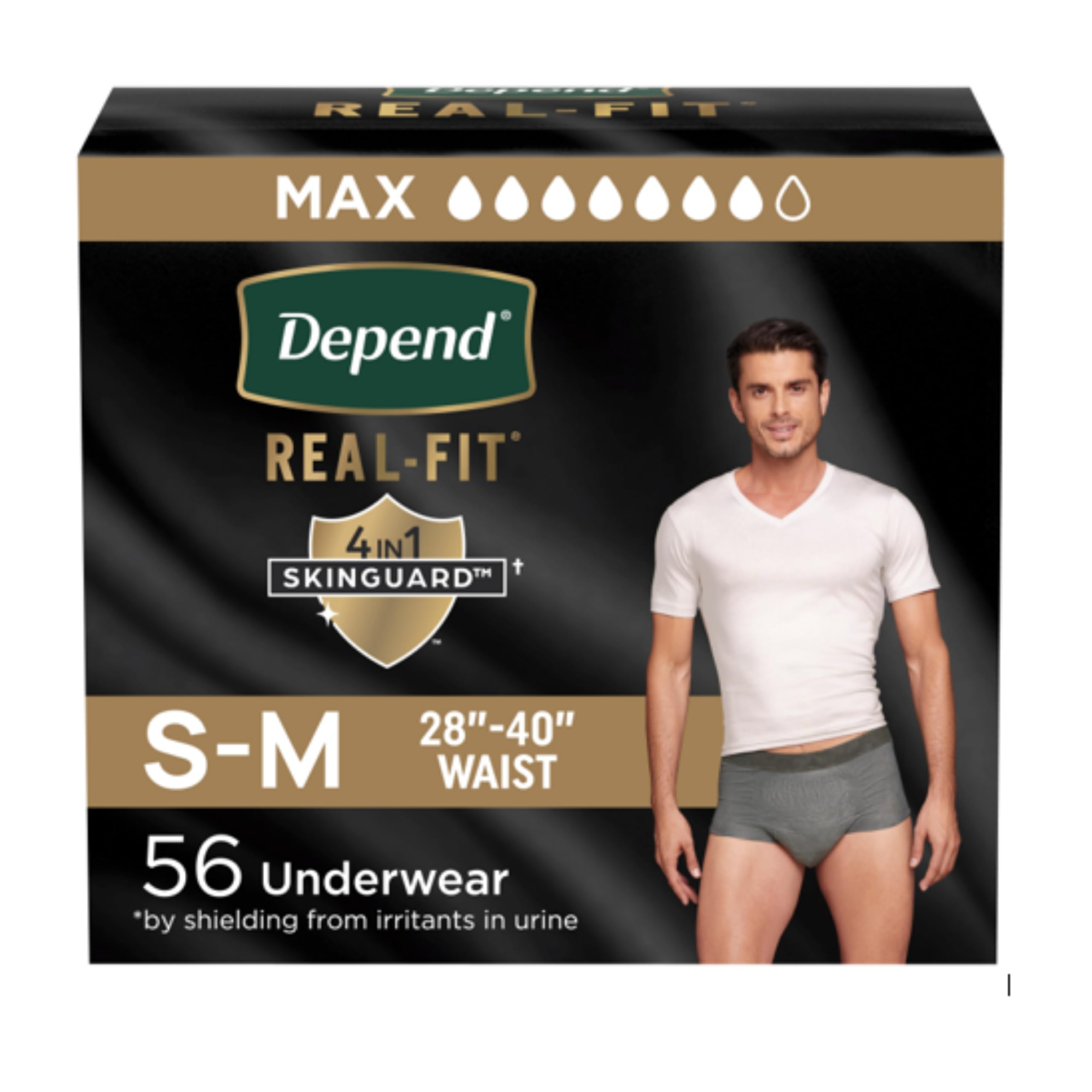 Photo 1 of Depend Real Fit Adult Diapers, Incontinence Underwear for Men, Disposable, Maximum Absorbency, Small/Medium, Grey, 56 Count (2 Packs of 28), Packaging May Vary