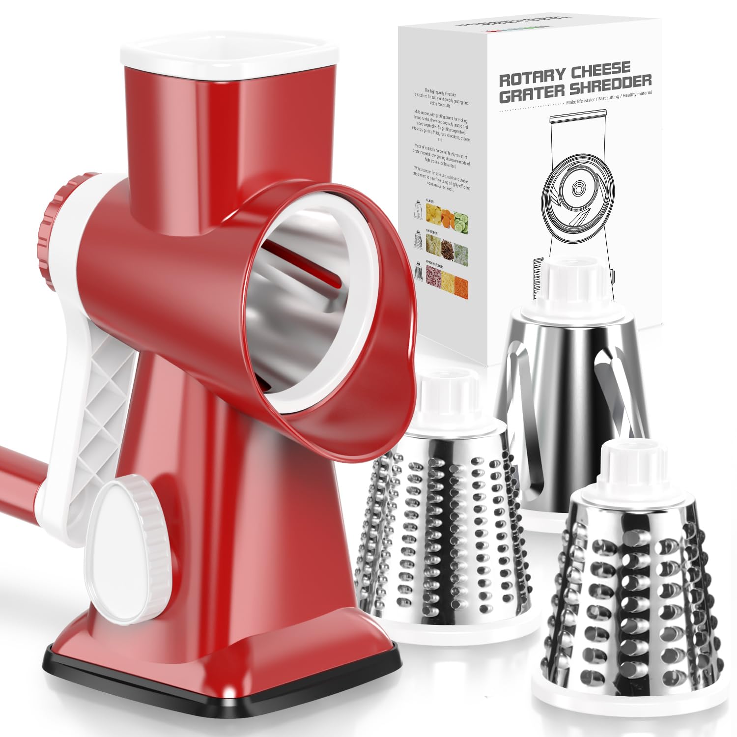 Photo 1 of Badelite Cheese Grater Hand Crank Rotating Cheese Shredder Stainless Steel Vegetable Slicer Grater for Kitchen 3 Blades for Cheese, Carrot, Cucumber, Nuts, Chocolate, Red