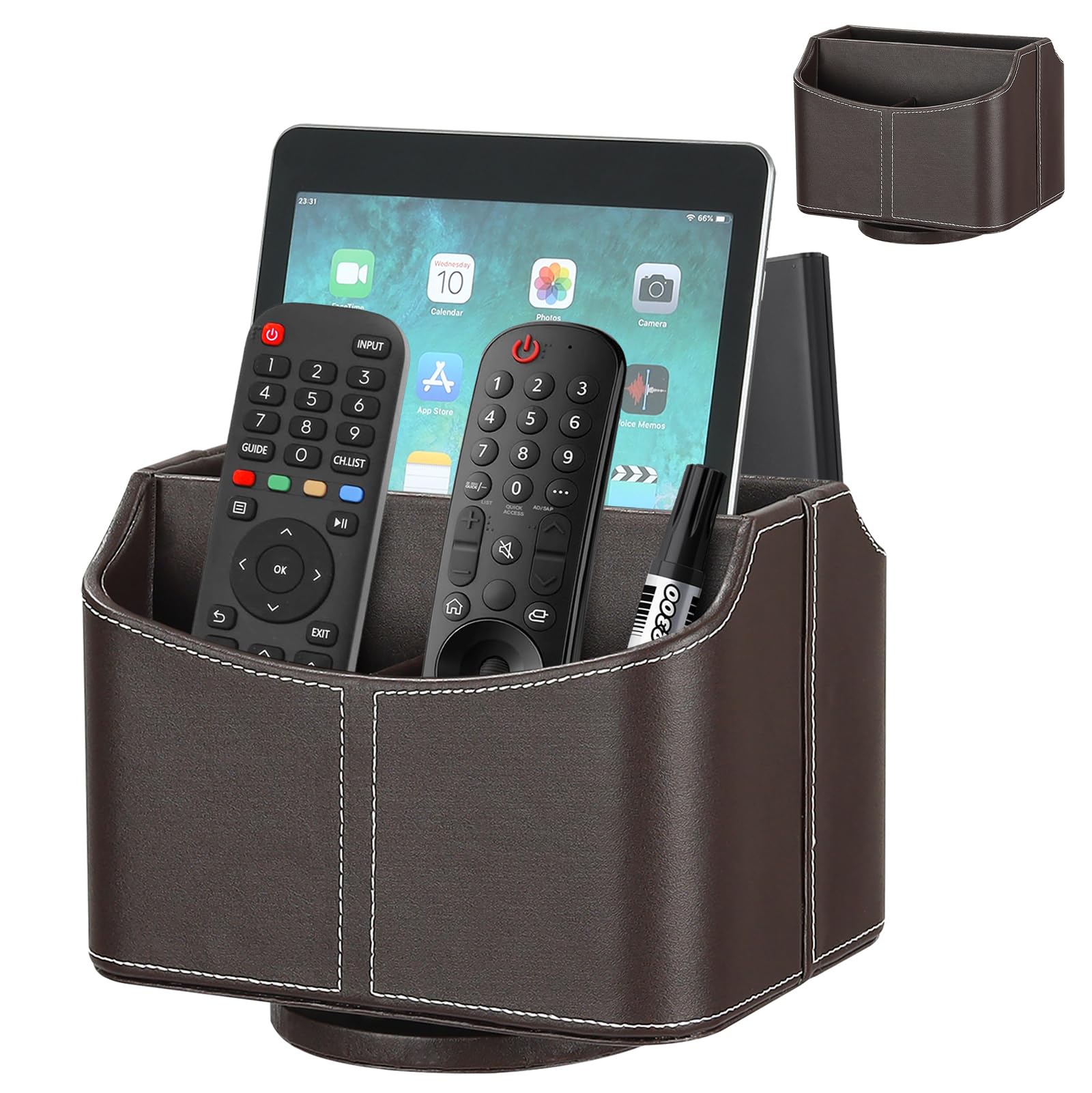Esilihom Remote Control Holder, TV Remote Holder, PU Leather | 360 Degree Rotatable | 5 Compartments,Desk Organizer for Glasses, Pens, Pencils, Scissors, Makeup Brush, Brown