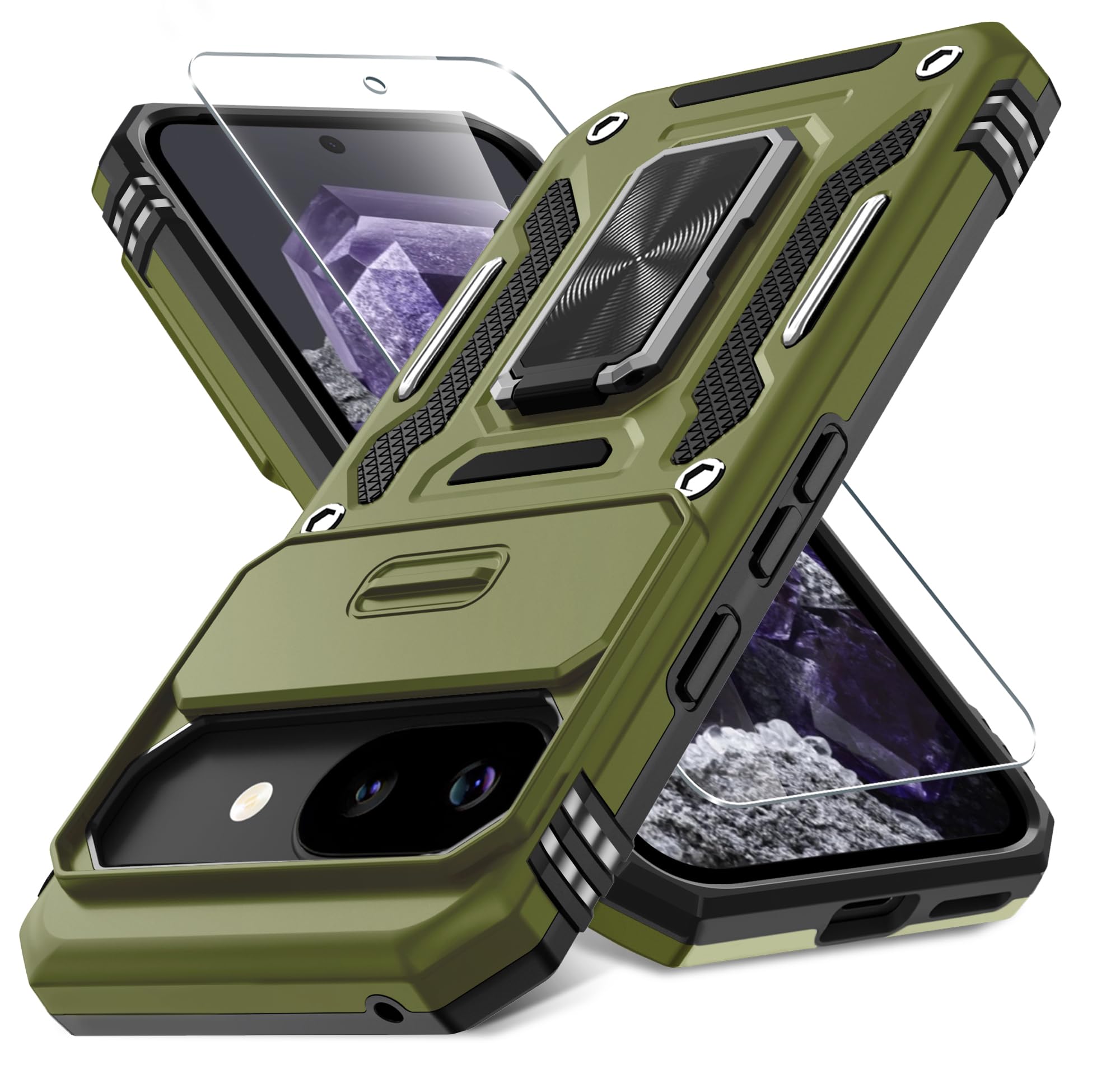 Photo 1 of DEERLAMN Case for Google Pixel 9A with Slide Camera Cover+Screen Protector (1 Pack), Rotated Ring Kickstand Military Grade Shockproof Protective Cover-Olive Green