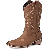 Bybmorto Cowboy Boots for Women Square Toe - Mid Calf Western Cowgirl Boots with Embroidery, Pull On Low Chunky Heel Fashion Footwear for Daily Casual Party Country Concert Rodeo