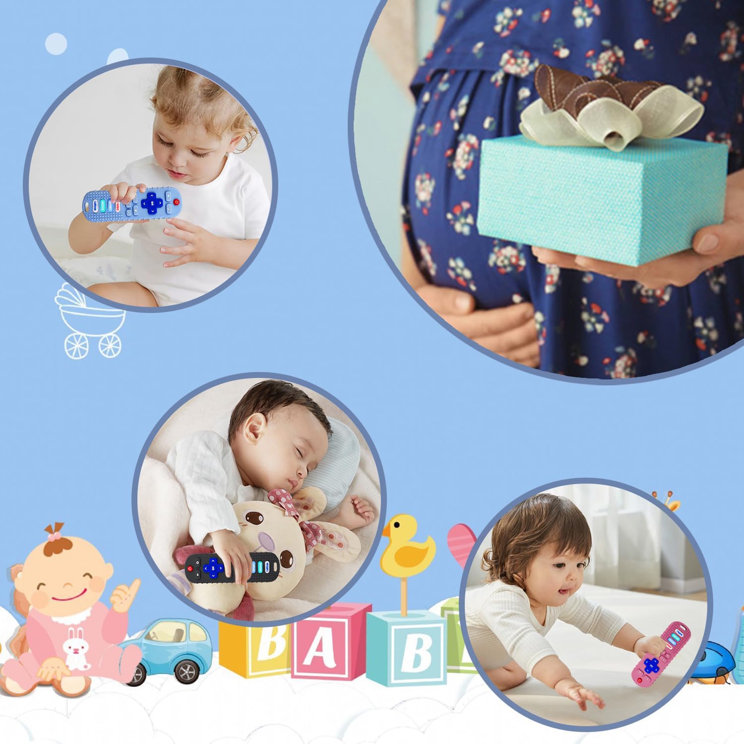 MACLUD 3 Pack Remote Control Shape Silicone Teethers for Babies Chew Toys, Teething Toys for Infant Toddlers,Baby Remote Control Toy (Black&Blue&Pink)