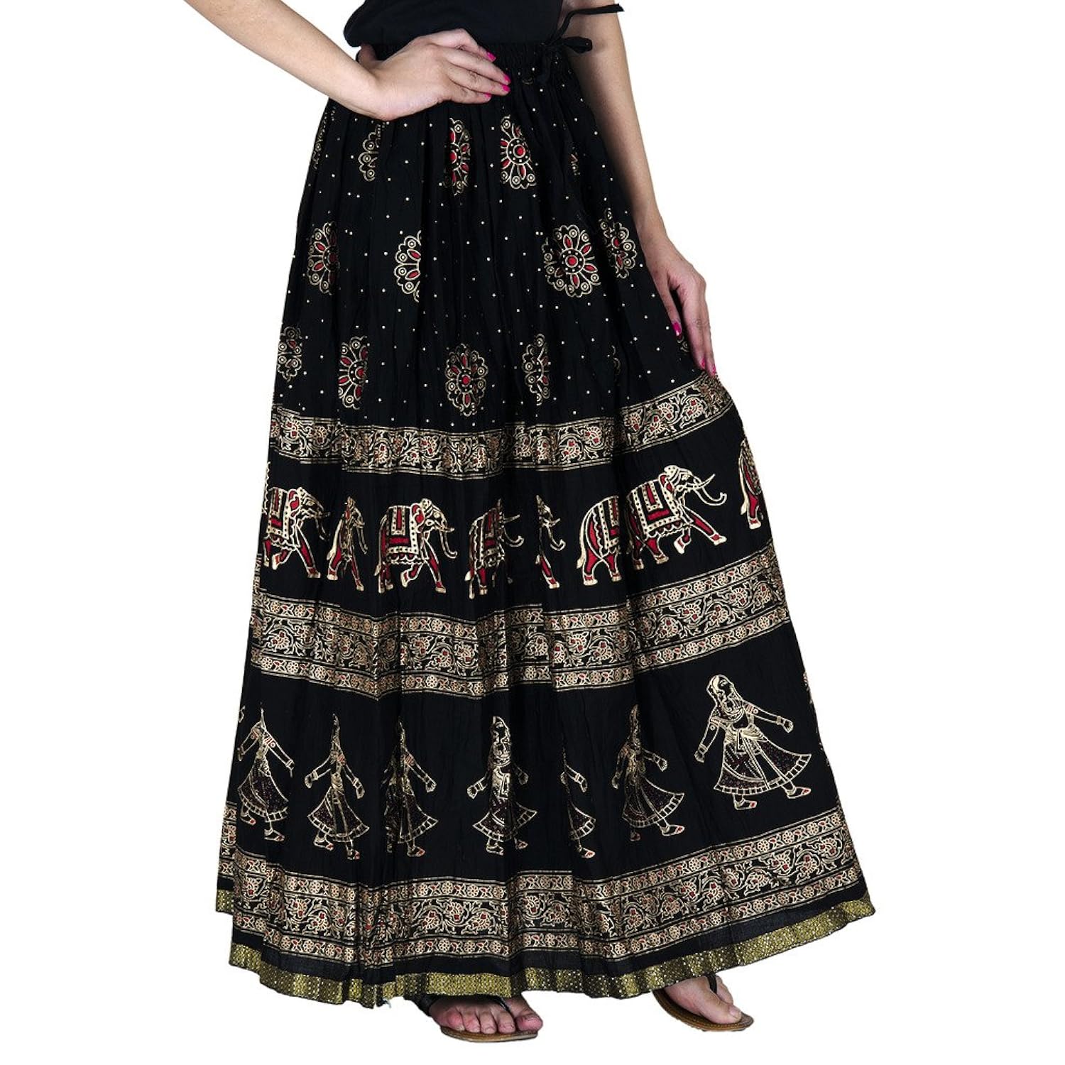 rangsthali gold printed cotton long skirt for women (free size)