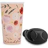 Lighthouse Christian Products Thankful and Blessed 12 ounce Ceramic Stoneware Travel Tumbler Mug, Blush Pink Floral