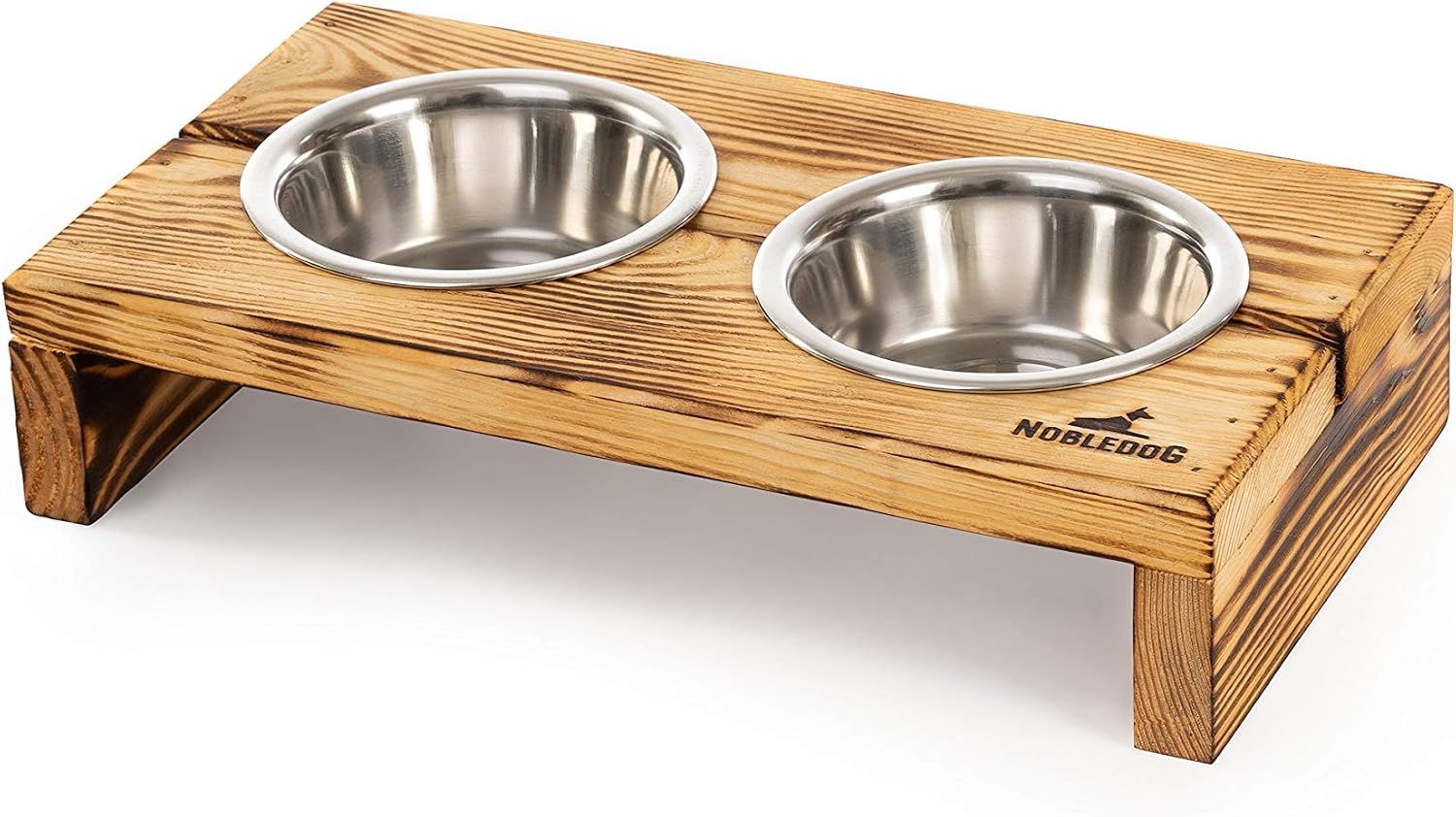 Nobledog Pinewood Double Feeding Station, Stainless Steel Bowls, Food Bowl Holder, Ergonomic, for Dogs, Brown, 2 x 0.3 L