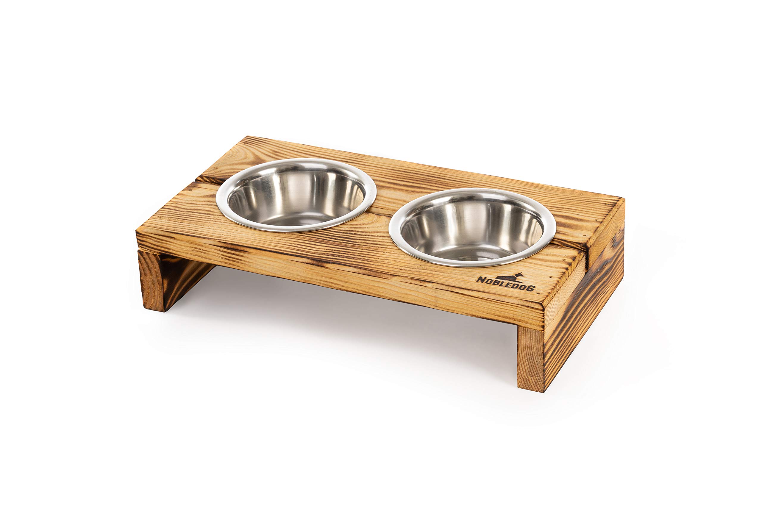 Nobledog Pinewood Double Feeding Station, Stainless Steel Bowls, Food Bowl Holder, Ergonomic, for Dogs