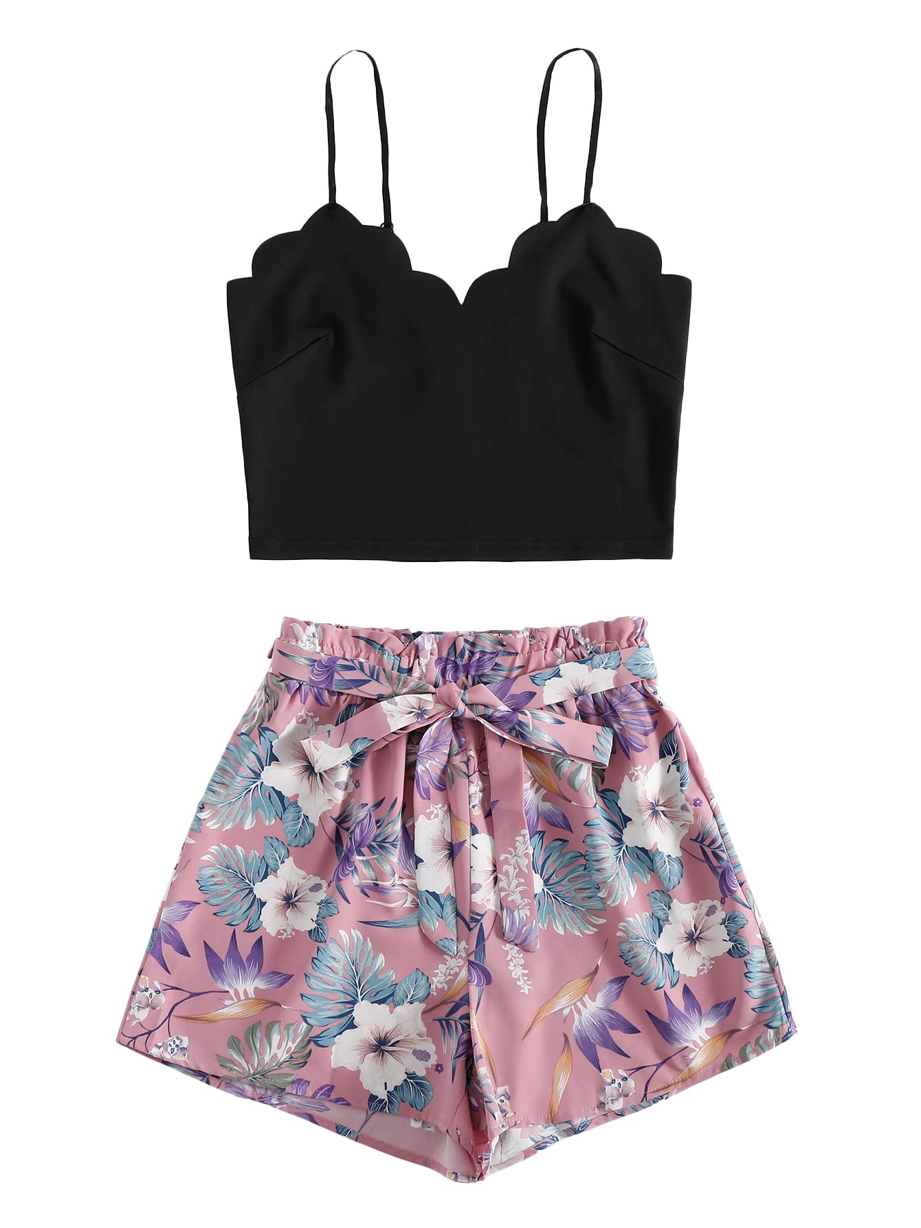 Photo 1 of LYANER Women's 2 Piece Outfits Strappy Cami Crop Top and Tropical Shorts with Belt Set Pink Medium