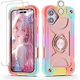 Cookiver for iPhone 16 6.1 inch Case - Heavy Duty Shock Resistant Military Grade Rugged Case with Ring Stand, Glass Screen Protector and Camera Lens Protector (Rainbow Pink)