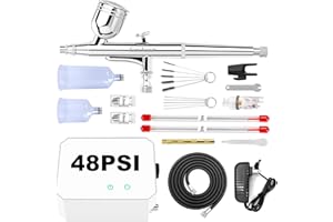 Gocheer Airbrush Kit with Air Compressor, 48 PSI High Pressure Air Brush Non-Clogging with 0.2/0.3/0.5mm Nozzle/Cleaning Sets, Ideal for Painting, Modeling, Cake Decor, Pastry, Makeup (White)