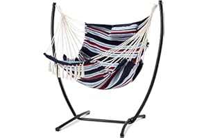 Homgava Hammock Chair with Stand,Heavy-Duty Hanging Bohemian Style Chair with Stand, for Indoor Outdoor,with Headrest and Side Pockets, Maximum Load Capacity 330lbs (Navy Nlue Stripe)