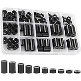 Exqutoo Black ABS Round Washers ID 6.2mm,OD 11mm, 3mm 4mm 5mm 6mm 8mm 10mm 15mm 18mm 20mm Length, Assortment Kit, Non-Threade