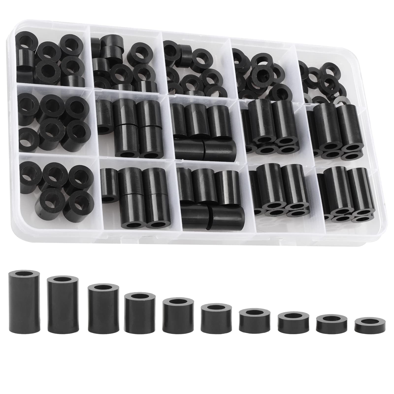 Photo 1 of Exqutoo Black ABS Round Washers ID 6.2mm,OD 11mm, 3mm 4mm 5mm 6mm 8mm 10mm 15mm 18mm 20mm Length, Assortment Kit, Non-Threaded, Suitable for M6 Screws Hardware Spacer Bracket