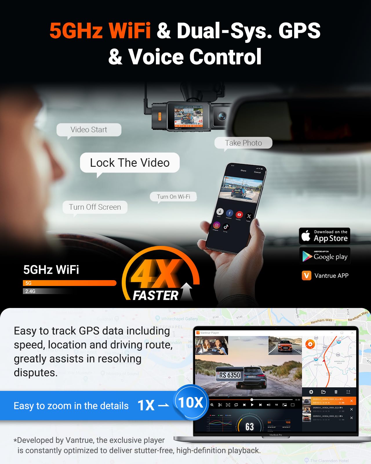 VANTRUE N4S 3 Channel Front Inside Rear Dash Cam, 2.7K+1440P+1440P WiFi Dash Camera w/PlatePix™, STARVIS 2 x HDR x IR Night Vision, Voice Control, GPS, 24/7 Parking Mode, Support 1TB Max