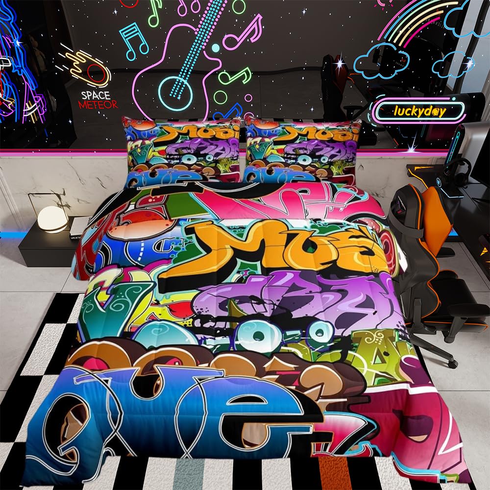 Hippie Graffiti Duvet Insert Teens Boys Hip Hop Sports Duvet for Kids Youth Colorful Alphabet Graffiti Duvet Cover Abstract Art Quilted Duvet Set Multicolor Single Size