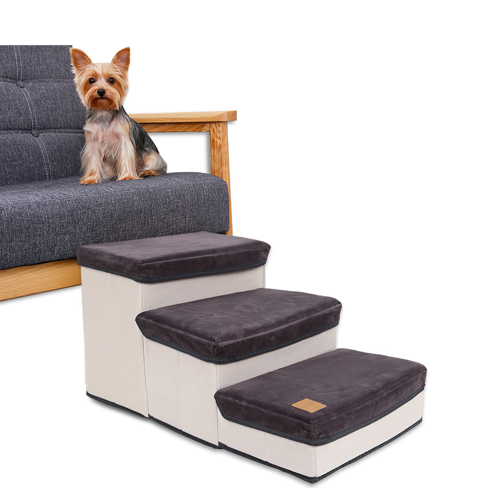 Galatée Foldable Dog Stair, 3 Tier Portable Pet Stair, Removable Pet Ramp, Dog Sofa Bed With Storage (Grey)