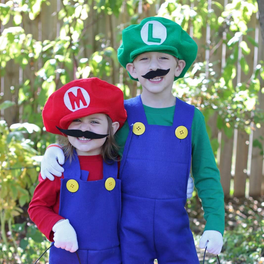 MOVINPE Super Mario Bros Hat Baseball Cap, Fake Mustaches, White Gloves, Yellow Buttons, Unisex Halloween Costume Cosplay for Adult Kids (Red Mario & Green Luigi 24pcs): Clothing