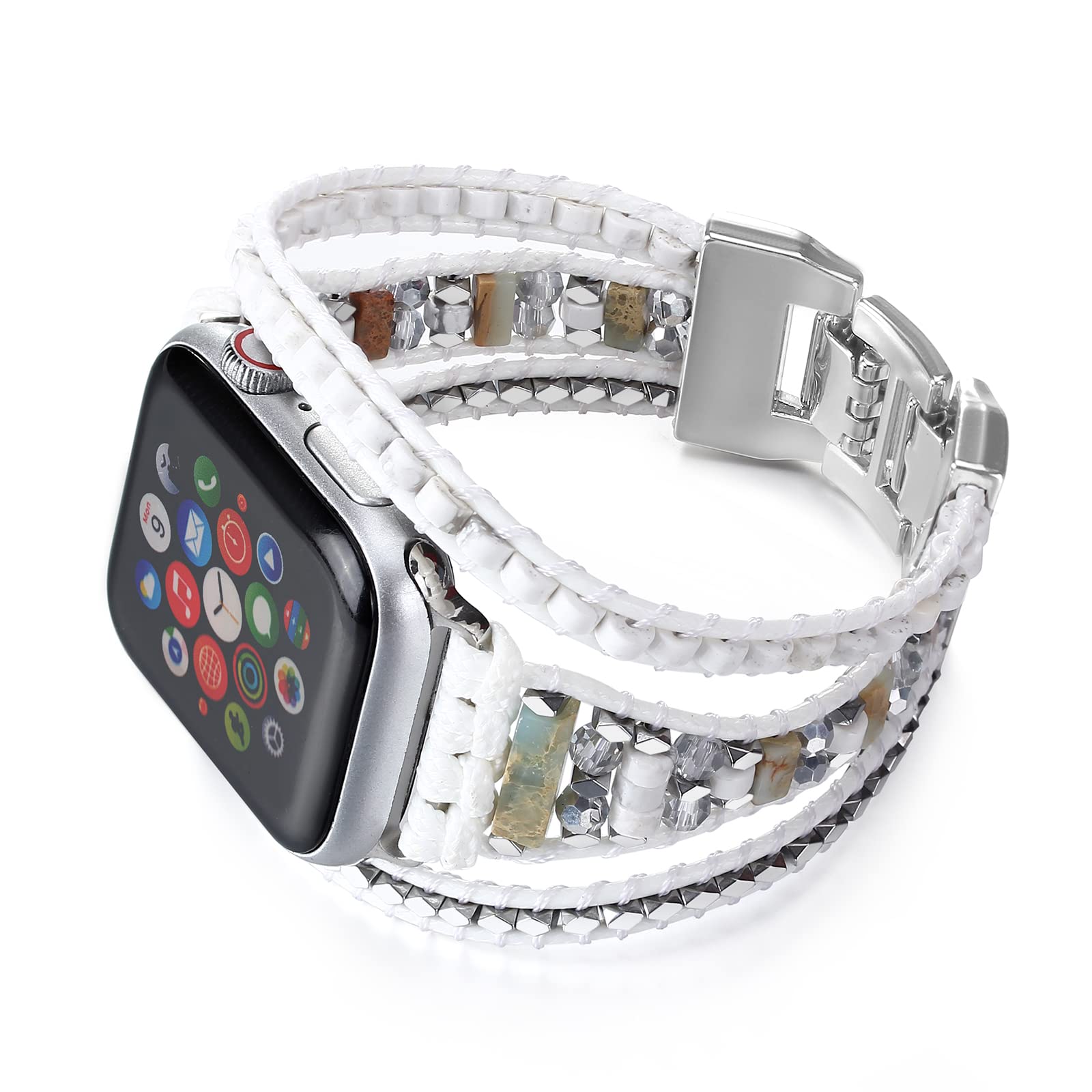 CHARMINGO Boho Bead Bracelet Compatible with Apple Watch Band for Women and Men, 38mm 40mm 41mm 42mm 44mm 45mm 49mm - Handmde Natural Stone Leather Multilayer Wrap Apple Watch Band Series 9 8, 38mm