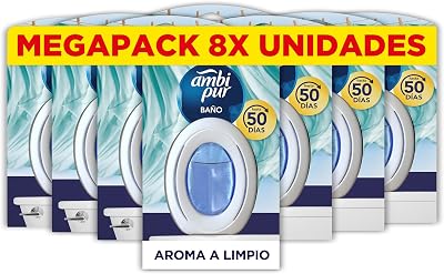 Ambipur ambientador de banheiro 1 pacote (8 unidades x 50 dias) fragrância de aroma limpo, elimina e previne maus odores no banheiro, mega pack