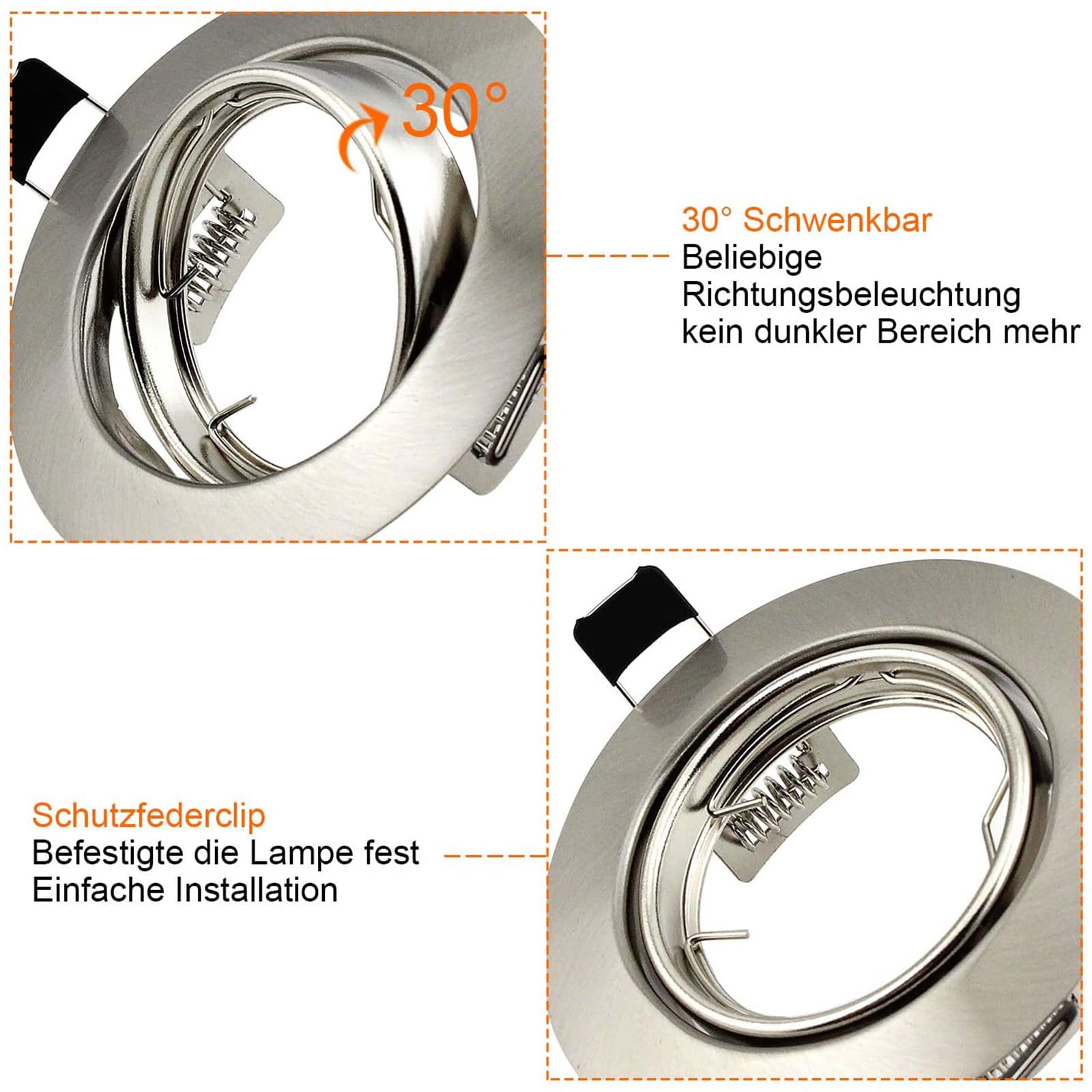 10er LED Einbaustrahler GU10 Set Einbaurahmen Rund Einbauleuchten 68mm Deckenspots Edelstahl Gebürstet Optik Inkl. GU10 Fassung für LED oder Halogen Leuchtmittel, 30° Schwenkbar 2
