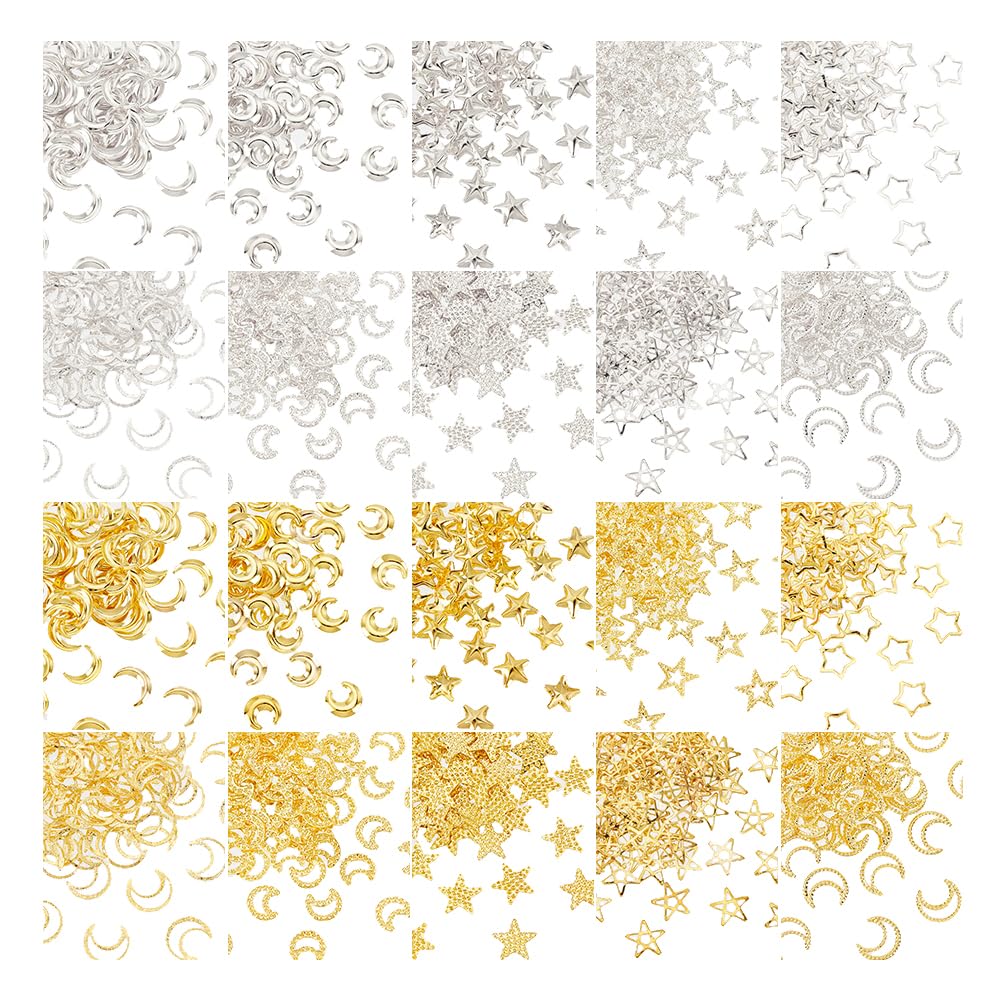 OLYCRAFT 1400 Pcs 20 Styles Star Moon Resin Fillers Hollow Brass Nail Art Decorations for DIY Crafts Jewelry Making - Gold & Silver — image 1