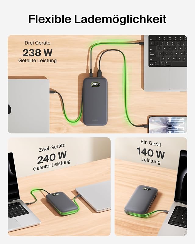 UltraCharge Pro Powerbank 27000mAh, Power Bank mit Integriertem USB-C-Kabel, 240W USB-C PD, Akkupack mit Schnellladefunktion für MacBook Pro, iPhone, iPad, Galaxy, Pixel usw. – Anthrazit