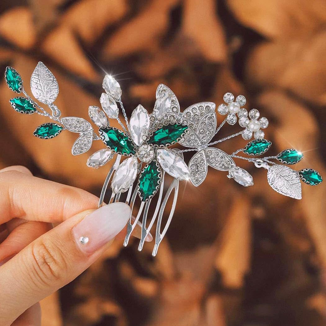 IYOU Sparkly Crystal Wedding Hair Comb Green Bridal Hair Accessories Flower Leaf Prom Hair Pieces for Bride and Bridesmaid