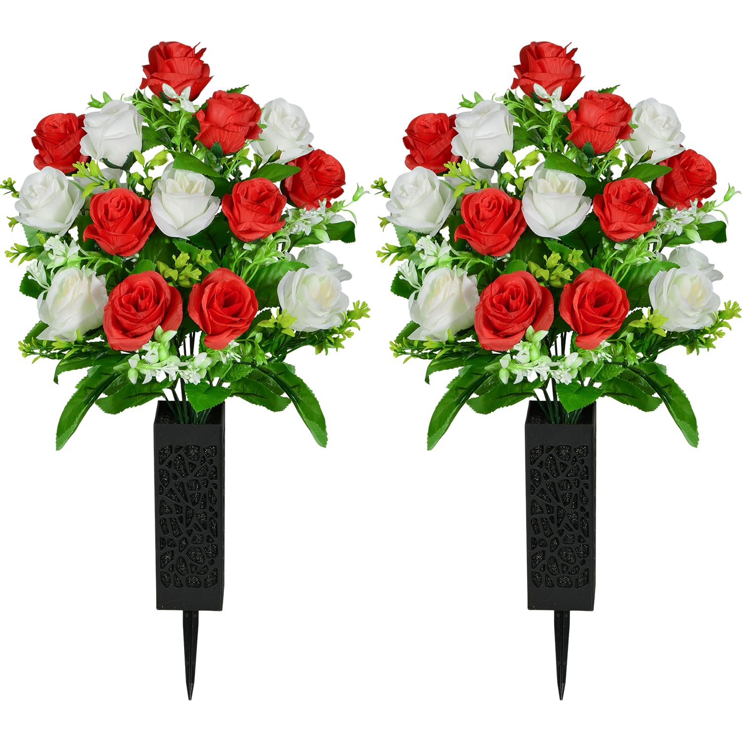 SIFOEL Artificial Cemetery Flowers with Vase, Artificial Rose Bouquet Grave Memorial Flowers for Cemetery Headstones Decoration (White&Red-2Pcs)