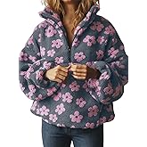 chouyatou Women's Fall Cute Floral Faux Fur Pullover Fleece Sweatshirt Y2k Casual Zip Up Winter Sherpa Jacket