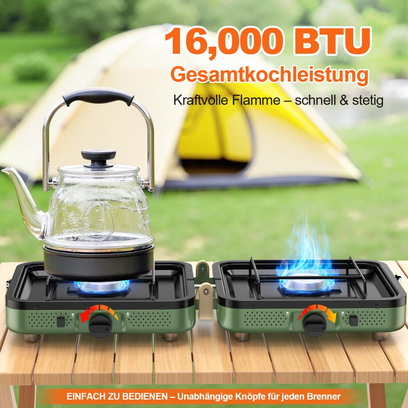 2-Flammig Campingkocher Gas Faltbar, Camping Gaskocher Herd mit Zünder & Tragetasche für Outdoor-Kochen, Campingplatz, Gartenparty, Grillabend, Picknick, Festival-Camping, Vanlife (ohne Grillplatte) 4