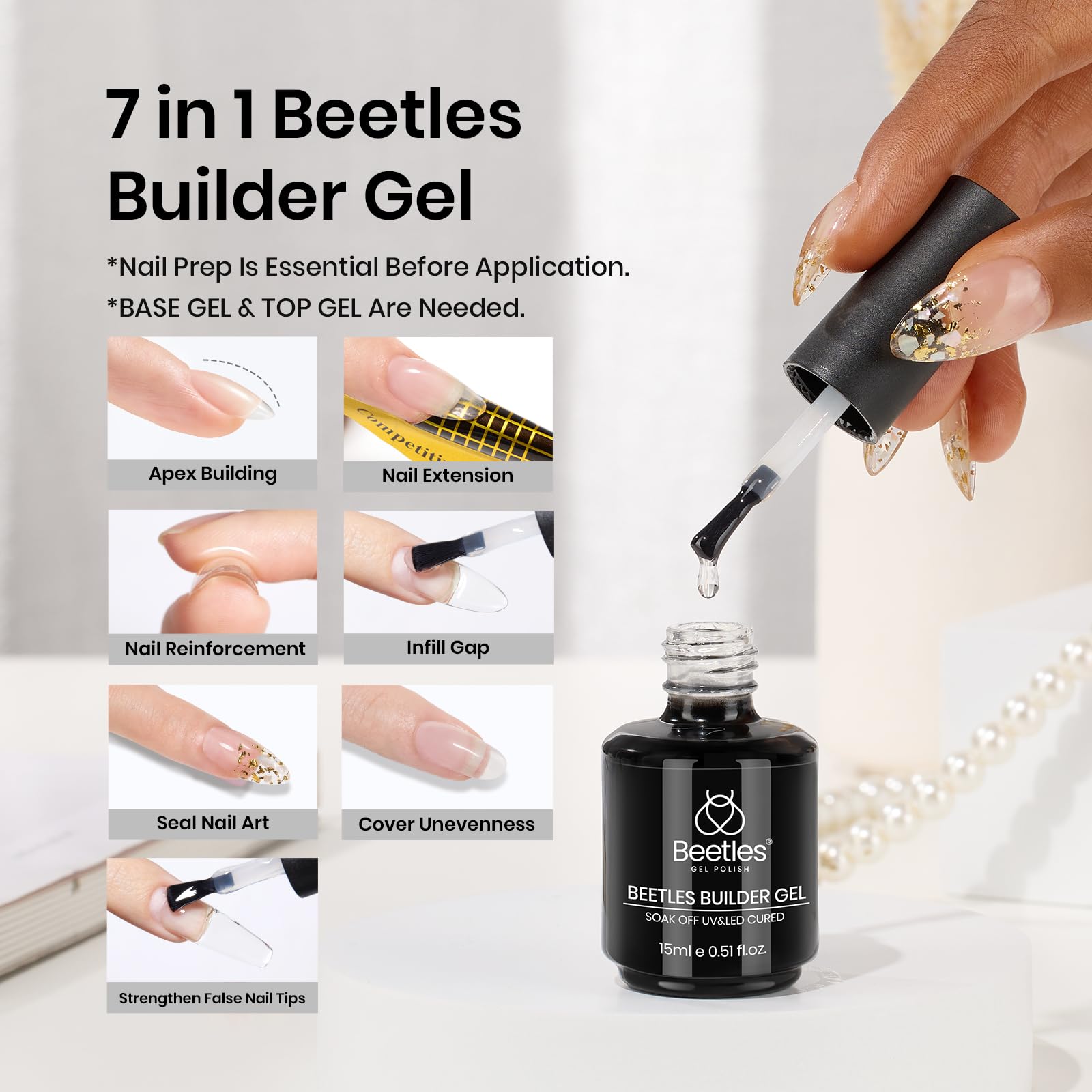 Beetles Builder Gel 7 in 1 Nail Builder Strengthener Gel Clear Color Builder Extension Nail Gel for Holiday Nail Art Design for Girls - Image 2